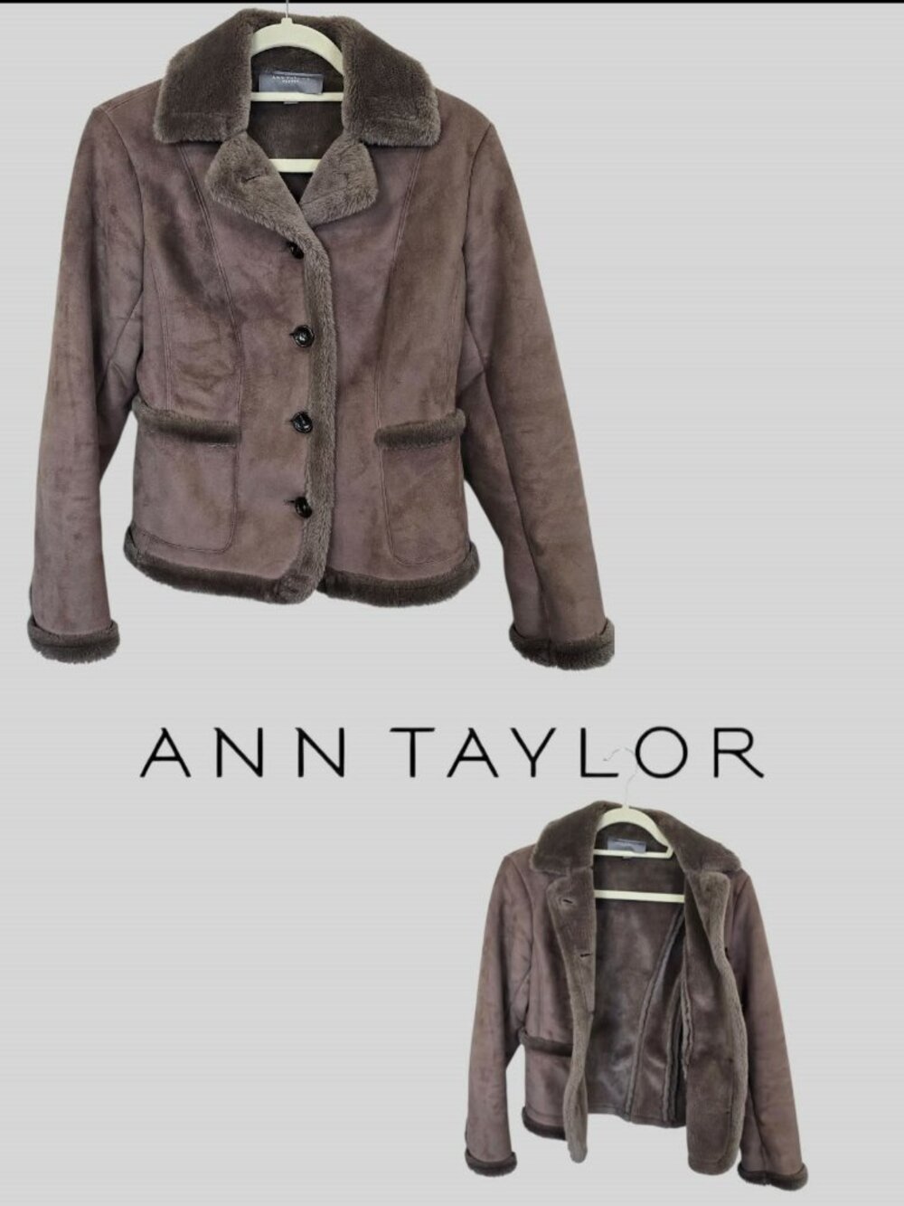 Ann Taylor Brown Suede Cozy Plush Fur Collar Coat Jacket Women Small Petite